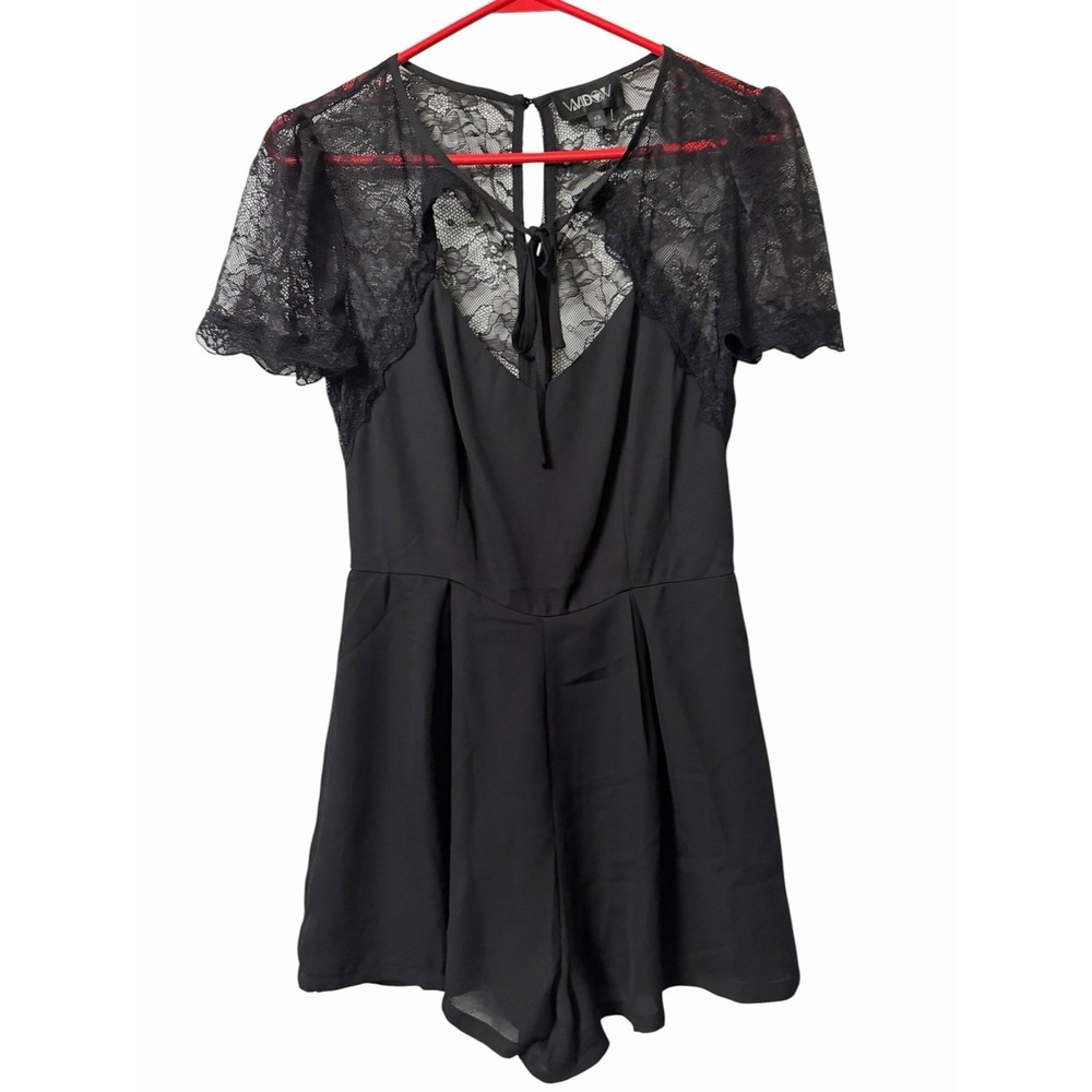Widow Black Lace Romper Got his Tie Front Keyhole Short Sleeve Altfashion XS